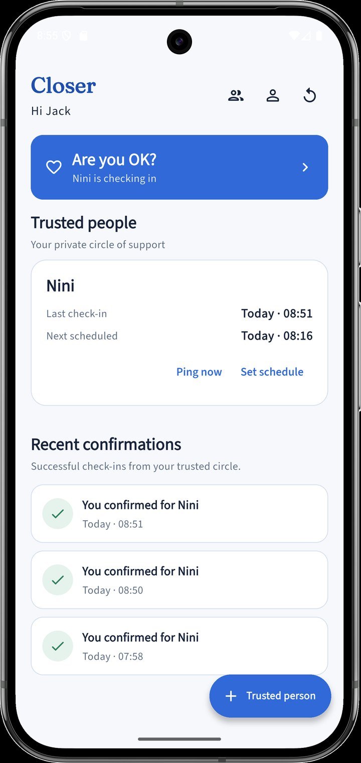 Closer home screen showing a trusted person and recent confirmed check-ins